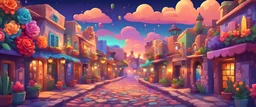 Background: colorful Mexican city street, in the evening, party, cobblestone, 3D vector cartoon asset, mobile game cartoon stylized, clean Details: colorful flowers, lights, nighttime party, detailed. Camera: side angle, 90°, 35 mm. Lighting: colorful twilight clouds night sky, LED lights. cartoon style