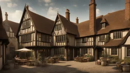 A Paved Courtyard, With Tudor Gothic Houses, Tall Chimneys, Crooked Roofs, a small stream, People, Shops,