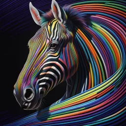 striking conceptual Op Art masterpiece by Heimo Zobernig, featuring intricate manipulation of vivid colorful stroke width and spacing to create a mesmerizing optical illusion of distorted vertical stripes. These stripes evoke a sense of depth and volume, serving as a captivating backdrop for the enigmatic, dark-fantasy inspired colorful zebra's head. The zebra head is rendered with a compelling blend of 3D rendering, photorealism, and painterly technique, exuding an air of