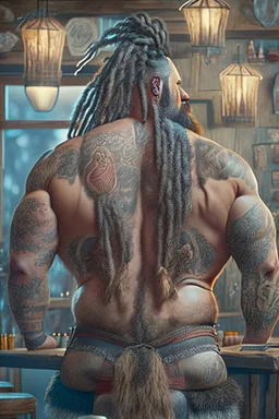 full body shot back view photography of a burly stocky giant gipsy lumberjack tattoed 55 years old , in italian restaurant, shirtless with swimwear, dreadlocks, long beard, emotive eyes, big shoulders, big fat bump, ambient occlusions, photorealistic