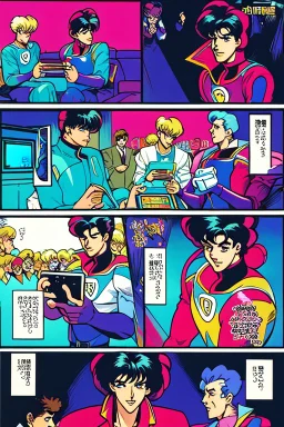 a millineal teenage boy is playing video arcade games, bright colored clothes from the 90s, hairstyles of that time, comic style