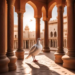 Hyper Realistic Photographic-Zoomed-View Of White-Dove Sitting On The Traditionally-Crafted-Surface-of-the-Balcony inside Traditional Rajasthani Fort With with sunrays casting Dove's Shadow Traditional-Brown-Pillars & Traditional-Hallway showing dramatic & cinematic ambiance.