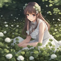 a girl in a white dress sitting in a field of clovers, cute anime girl portrait, beautiful anime portrait, realistic anime art style, realistic cute girl painting, portrait anime girl, smooth anime cg art, detailed portrait of anime girl, portrait of girl in flower field, realistic anime style at pixiv, cute anime waifu in a nice dress, realistic anime artstyle