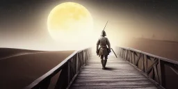 A Medieval Soldier walking on the bridge , desert , night , full moon , realistic , high resolution , HD , 1920pX1080p , dark