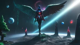 matrix, god creation, few planets on the back ground. small and large monoliths of red, blue, and green crystals of tiberium on the right side, seven space trees on the left side of the angel from the other dimensions.