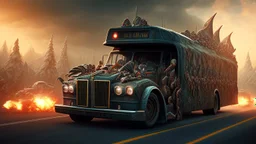 the funeral buss driving on the freeway, angry orcs, perfect composition, hyperrealistic, super detailed, 8k, high quality, trending on artstation, studio photo, highly detailed, wide borders