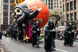 200 ft tall cartoonish jesus parade balloon pulled by multiple grim reapers, multi colored, bright, vivid, psychedelic, high detailed, high gloss, insanely detailed, matte, horrorcore, lining the street, unsettling contrast, monument to death, live action shot grim reaper parade, pulling a jesus parade float