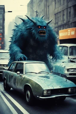 a monster in a traffic jam [Shattered Image, Shot the texture and then rewound the film and double exposed from multiple 1979 B colour series movie]