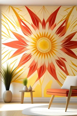Create handpainted geometric wall mural with harmonic sunbursts, using warm and inviting tones of gold, orange, and coral to create a sense of warmth and positivity."