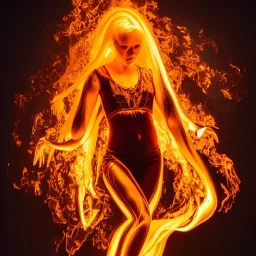 woman made of fire, fire angel, fire clothes, full body portrait, long flowing yellow hair, highly detailed, real life photo, photo quality, extremely detailed, highly detailed, 8K, crisp quality