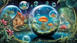 A imaginative illustration from of miniature creatures living in individual floating transparent bubbles. The gallery of bubbles features fantastical landscapes, each one unique and intriguing. In one bubble, a village of extraterrestrial beings thrives, while another features a mystical garden filled with fairies. Another bubble live elves, in another bubble a tropical paradise with dinosaurs. There are bubbles with alien planets, whimsical fairy-tale landscapes, icy land and futuristic city.