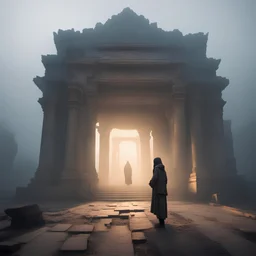 нищий перед храмом,руины храма,туман,яркий свет