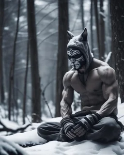 man sitting on a tree in a relaxed laid back style, middle of a snowy forest, muscular athletic physique, wearing a japanese Hannya demon mask over face, cinematic greyish filter