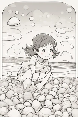 A little girl playing by the seashore, surrounded by oval-shaped seashells and bubbles. Use ovals for the seashells, bubbles, and the sun setting over the ocean.,very happy , Colloring page for todlliers ; basic hawali style cartoon , black and white , ink outlines , , smooth , anime style , minimalist , cute eyes , full body , white shose , sketchbook , realistic sketch , free lines , on paper , character sheet , clean line art high detailed