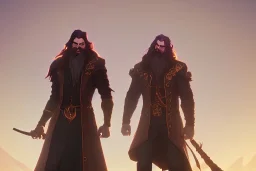 boisterous braided long haired bearded tall man wearing gold rings and long fur trimmed merchant's coat, dark background, dynamic lighting, full body character design, glowing eyes