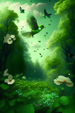 Green forest with the flowers birds and clouds and butter fly