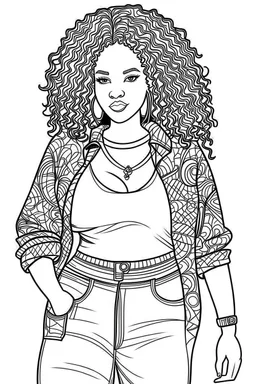 black curvy woman eyes front camera coloring page fashion style full body