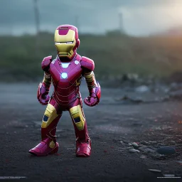 Iron man toddler, real, full body, tokio background, dramatic lighting, hyper realistic, 8k