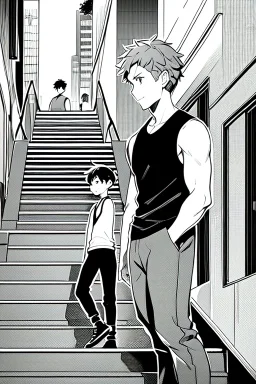 a boy in shorts sleeveless shirt climbs the stairs, greyscale