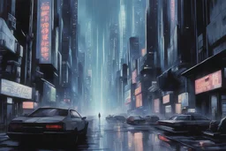 ghost in the shell 1995 matte background art, futuristic cyberpunk city with gunk and grit