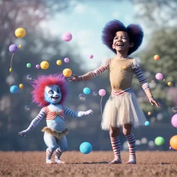 Ultra realistic circus scene. Sweet hair monster and Child’s playing, smile, happy, color bubbles, smooth color, waist up view, Wes Anderson style, dark ambient, highly detailed, concept art, unreal engine 5, god rays, ray tracing, RTX, lumen lighting, ultra detail, volumetric lighting, 3d, finely drawn, high definition, high resolution.