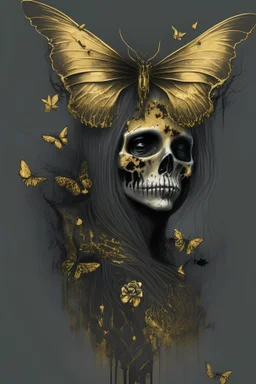 witch with gold skull nand black butterfly by the watfall