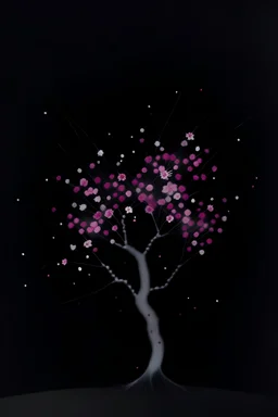 Oil painting of a slender Sakura tree in isolation, falling petals like fine splatters, dark background, atmospheric, dream like, minimalistic, fine details, realistic branches, muted colors