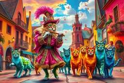 "The Feline Pied Piper of Hamelin, wearing an extravagant, flamboyant Renaissance costume in neon pinks, electric blues, gold and crimson, playing a glowing magical flute, leading a surreal parade of colorful, fantastical cats with glowing eyes and shimmering fur, dancing through vibrant Renaissance streets exploding with color, surreal skies, candy-colored buildings, confetti in the air, astonished townsfolk watching from wildly decorated balconies, ultra-saturated, psychedelic baroque style, e