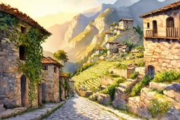 A watercolor painting depicting a medieval village from the perspective of a cobblestone road at sunset. The road and village continue to ascend into the mountains, with stone and wooden houses blending seamlessly into the rocky recesses of the mountain, reflecting the golden hues of the setting sun and the growing ivy. In the background, the majestic mountains feature large cultivated terraces and pronounced limestone gorges with hanging vegetation and meltwater streams.