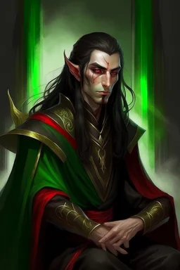 half-elf, half-human with long ears, head lowered, dark hair hanging in separate strands covering the face, only emerald-light eyes are visible, black robe and red lines from the shoulders, going closer to the neck and going down, dividing the black and red shirt, golden ones are visible lines the whole body sits on a chair with one hand holding a spear holding a spear slightly transparent black female hands on the sides stand in human height shadows like guards