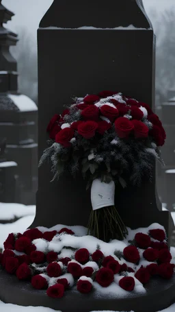 A bouquet of red roses on a grave. Above the bouquet is a diamond crown. The floor is covered with snow and roses.cinematic photo