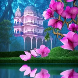 a magical crystal flower lys bougainvillier, blue gold house indian palace castle in the woods, magnolias pink,blue lake,sun,white swanns,pink vertical, blue lake,sharp, vines, candlelit, endor, ornate, elegant, highly detailed, artstation, concept art, smooth, sharp focus, illustration, 8k, splash art, wallpaper, key visual