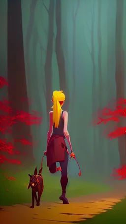 bright colorful with young girl walking in woods, lots of red flowers, with a yellow dog