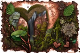 double exposure caricature of a brasilian rainforest, flowers, waterfall lovers Heart and love: magical ethereal nature, copper patina, desaturated neutral tones on burlap, dramatic impasto composition that brakes down the boundaries between an effective combination of concept, vision and mastery of medium (Georges Braque:0.7), (Fernand Leger:0.3), set in front of vivid background by Pablo Picasso S<AI watercolor and ink, oil on canvas, reflection, mist, sunshine