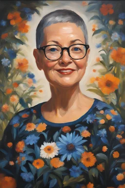 Oil paint on canvas, chiaroscuro, deep shadows, masterpiece, happy, 2020 caught off guard, 49-year-old Phyllis Kendall, short buzz-cut straight, dark salt and pepper hair, overweight, blue eyes, great big, round lensed eyeglasses, wearing a black, floral print, short-sleeved, pull-over shirt, dark blue sweatpants, sitting at the computer checking her emails