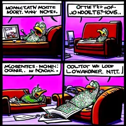 comicbook, 2 panels, bright colors, in the left panel, a fat, bearded man watches the tv, (in the right panel, (side angle view:1.2)of the tv), background is a haunting dimly lit, decrepit room.The atmosphere should be chilling, with shadows and decay adding to the eerie ambiance.