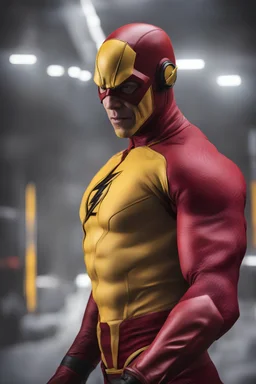 the Reverse Flash with yellow Flash suit, red boots, red belt, red wrist gauntlets, reversed red and black chest logo, extremely exaggerated muscular stature, posing for the cameras, Professional Quality 35mm Photograph, 4k UHD, hyper-realistic, Photorealistic, extremely detailed, High resolution