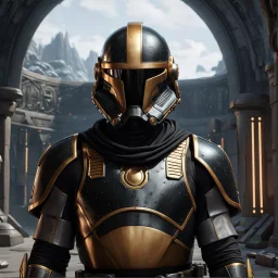 star wars bald male corellian pilot wearing pearlescent black and gunmetal grey First Order special forces heavy assault stealth commando armor and helmet with gold trim inside the jedi temple, hyperdetailed, dynamic lighting, hyperdetailed background, 8k resolution, volumetric lighting, light skin, fully symmetric details