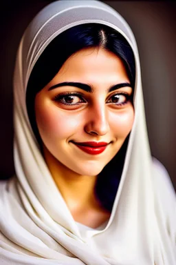 Palestinian woman with beautiful face turning her face slightly to the left and a beautiful smile and her mouth closed