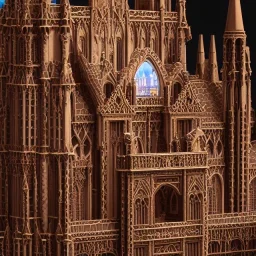 model of grand cathedral made of gingerbread house, 8k resolution, centered, high-quality, ultrafine-detail, ornate, digital art, flickering light, baroque, detailed matte, volumetric lighting, illustration, 3D octane render, brian froud, howard lyon, George Grie, greg rutowski,