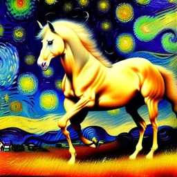 Dibujo al oleo de un caballo con nubes de colores estilo Vincent van Gogh