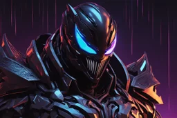 Venom Shredder machine in 8k solo leveling shadow artstyle, sombra them, close picture, rain, Shredder helmet, neon lights, intricate details, highly detailed, high details, detailed portrait, masterpiece,ultra detailed, ultra quality