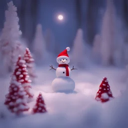 A (((small miniature glowing snowman with red Santa hat on his head and a red scarf and red white coat and pants ))) standing in a ((snowy mushroom garden)), with a (twilight backdrop that limns the surrounding ((huge trees))