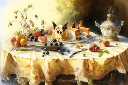 Cake with fruits on a lace tablecloth on a kitchen table, oil on canvas, knife palette, watercolor and ink, dogs, Jean Baptiste Monge, Jacek Yerka in sunshine