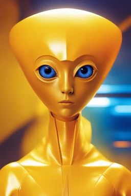 Full head to toe portrait + profile of a creature with (((a flat orange triangle pointing downwards for a head))), large round eyes like bright yellow headlights, a small body, its feet are in seamless silver and orange skin-tight boots with its skin-tight jumpsuit. It stands out against a white background.