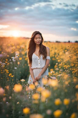 Young woman in flower field in the evening,f16,long distance focus