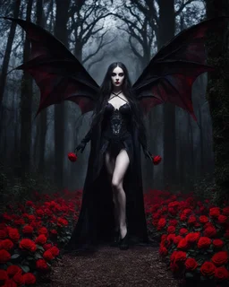 Facing front photography Gothic Art Style realistic Full body,creepy Vampire ghost woman long hair straddle wings bat she on walk on creepy,in dark night mystery forest,red roses flowers sorrounded background,dramatic angle, extreme angle shot, trypophobia, horror