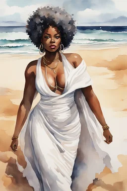 Create an urban culture watercolor painting of a beautiful thick black female wearing a soft white maxi dress and a white hair wrap. Prominent make up with lush lashes. Highly detailed tightly curly afro. Background of her walking in the sand by the ocean.