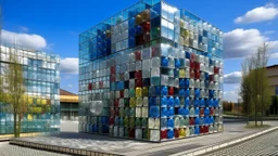 A CONSTRUCTION THAT MIXES HOLLOW CUBES WITH GLASS SPHERES INHABITED BY DIVERSE PEOPLE