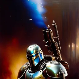 Jango Fett helmet, ancient metal helmet ,painting by gaston bussiere, greg rutkowski, yoji shinkawa, yoshitaka amano, tsutomu nihei, donato giancola, tim hildebrandt, oil on canvas, cinematic composition, extreme detail,fit full head inside picture,